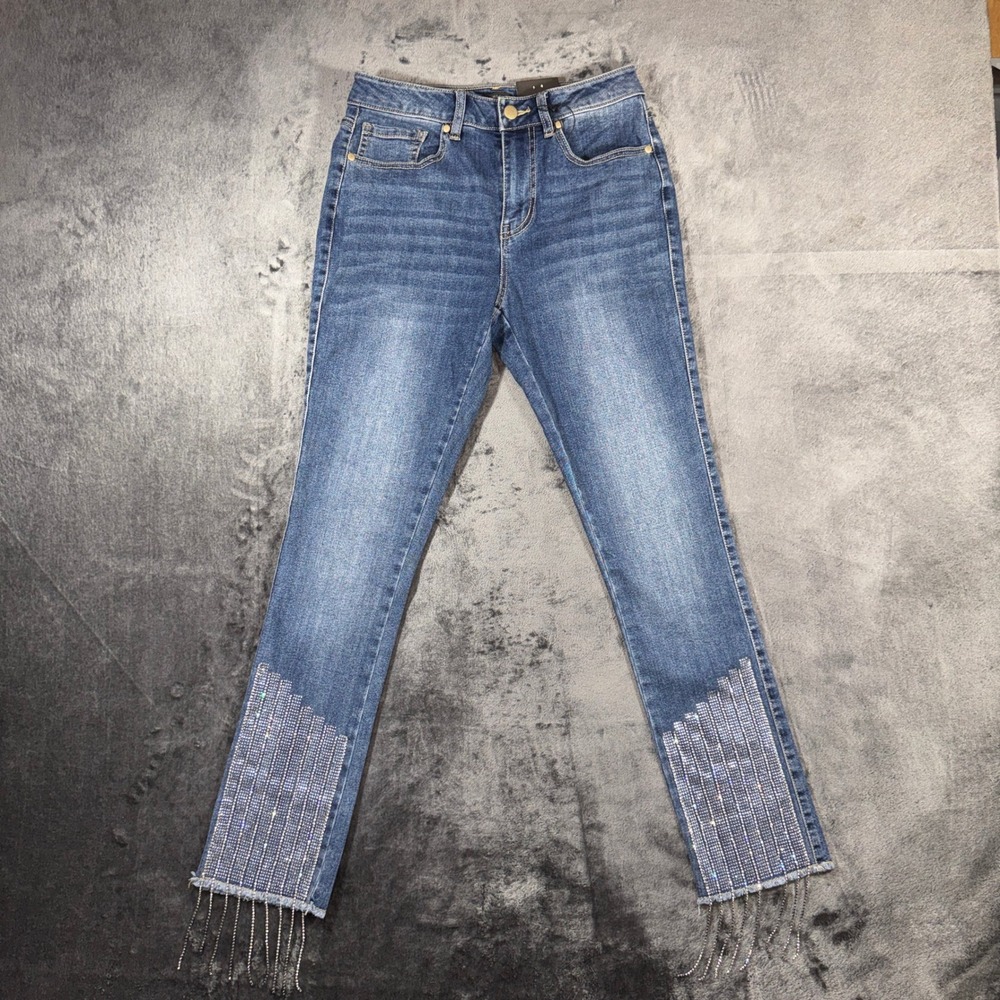 Versona Modern Skinny Jeans Medium Wash Rhinestone Fringe Hem Size 2 NWT